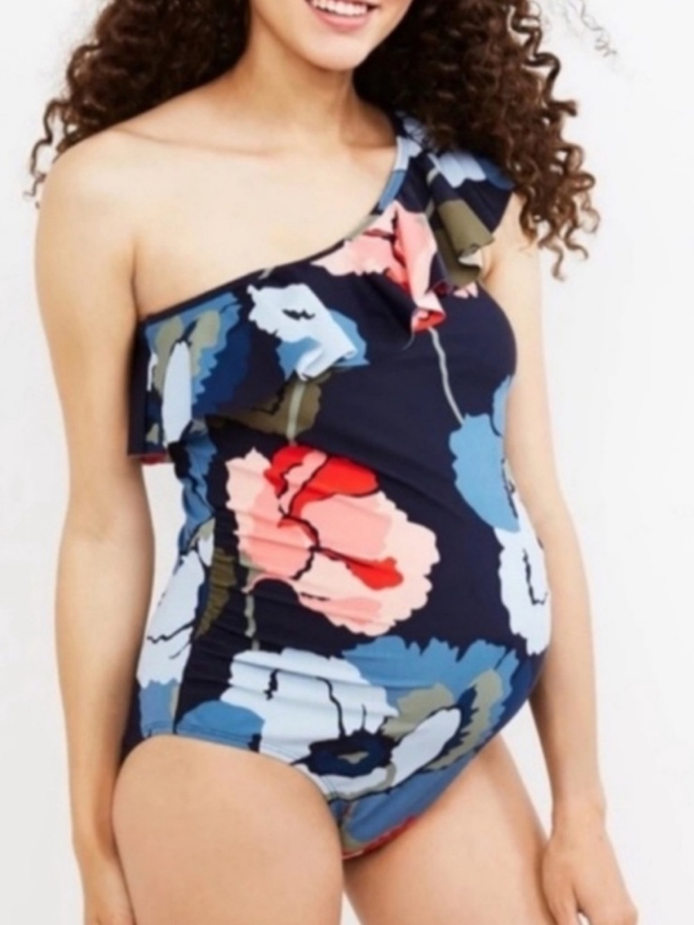 Motherhood One Shoulder Floral Ruffle Maternity Swimsuit Blue Red Size M